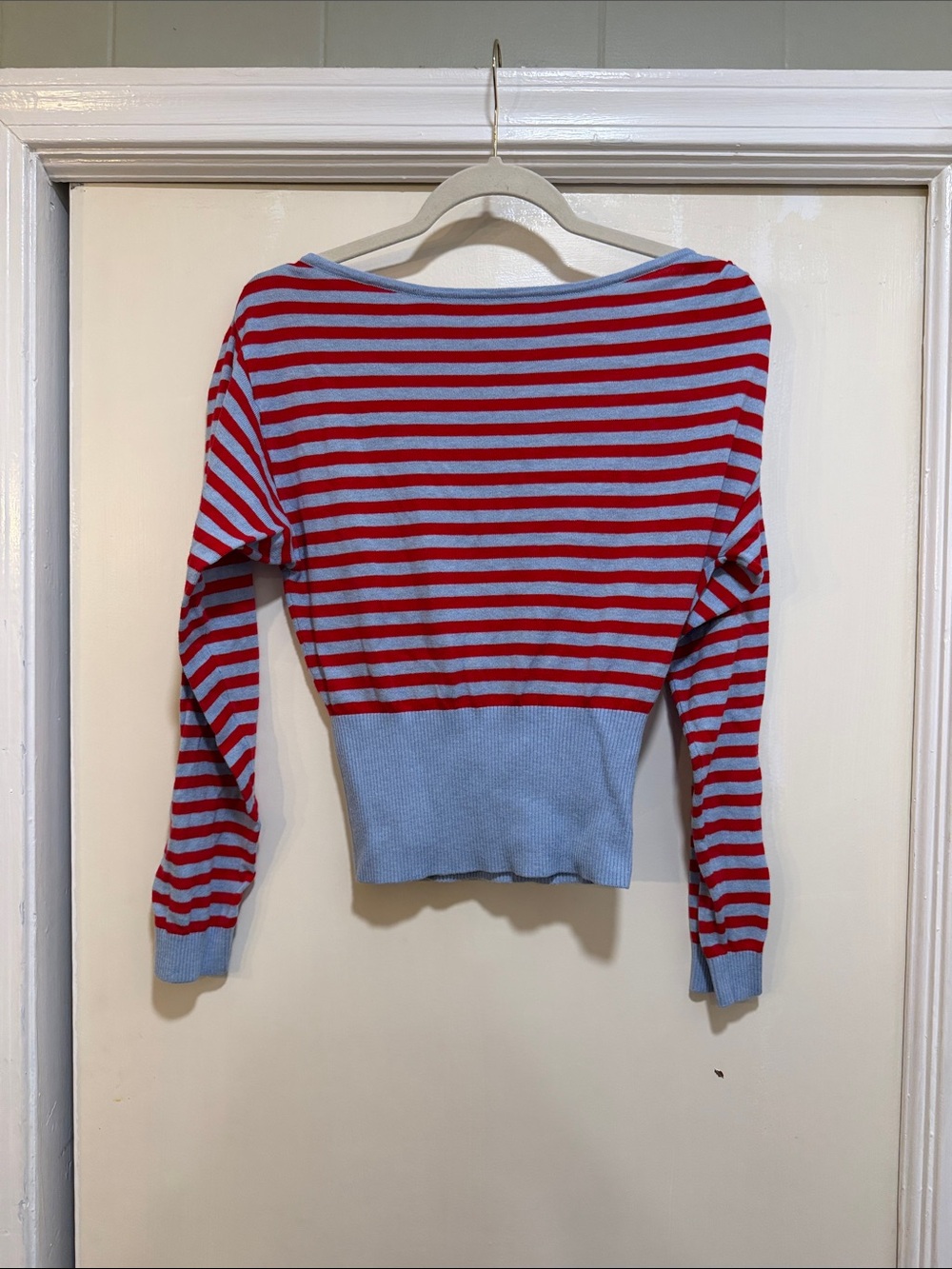 Urban Outfitters Red and Light Blue Striped Boatneck Sweater